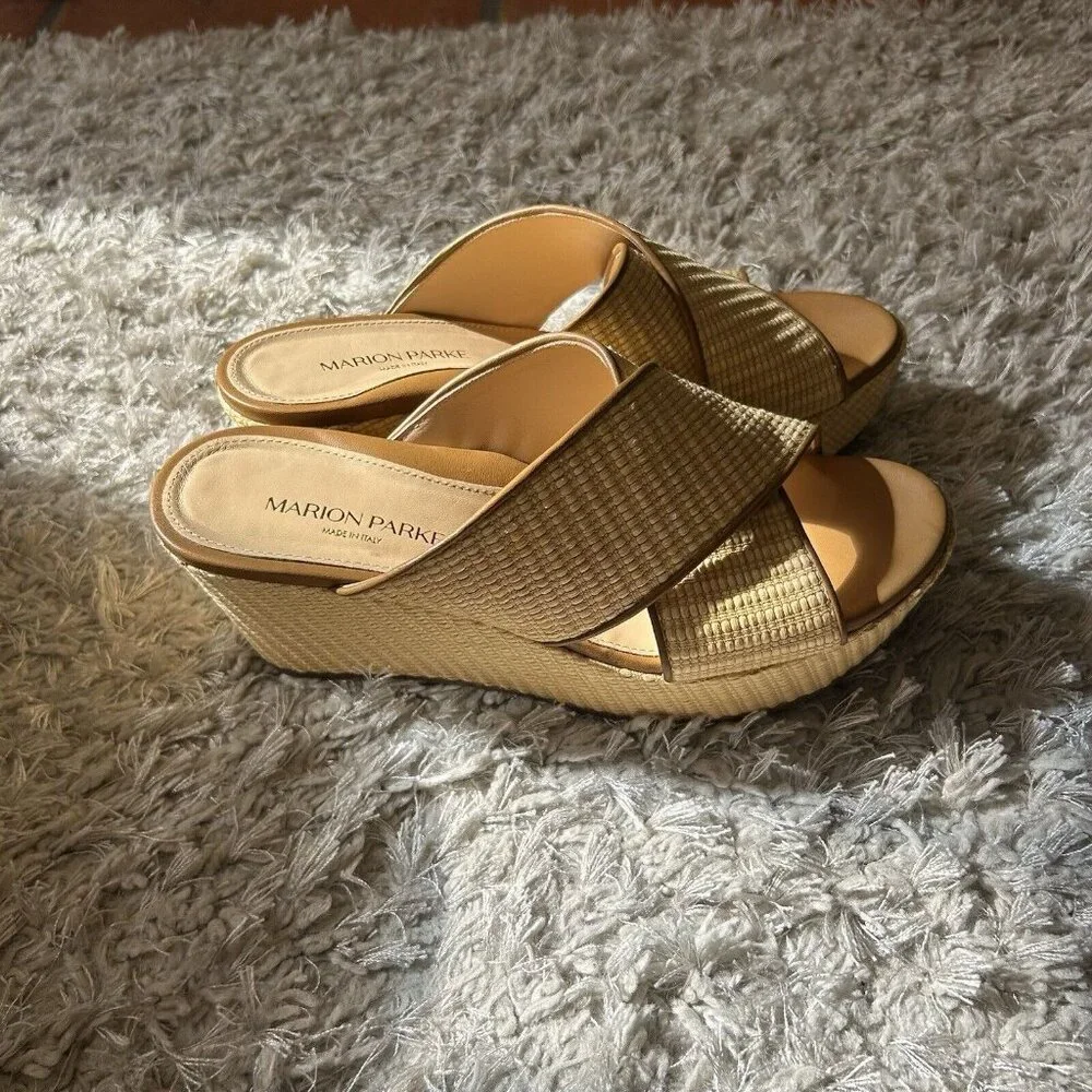 MARION PARKE Yellow Woven Crisscross Wedge Sandals